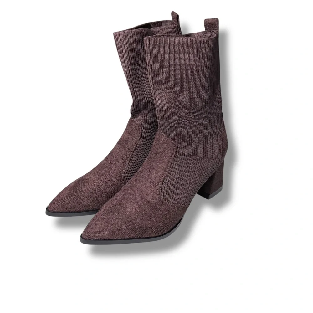 Choc. Brown Pull On Sock Boots Pointed Toe Block Heel Size 10 41 Boutique